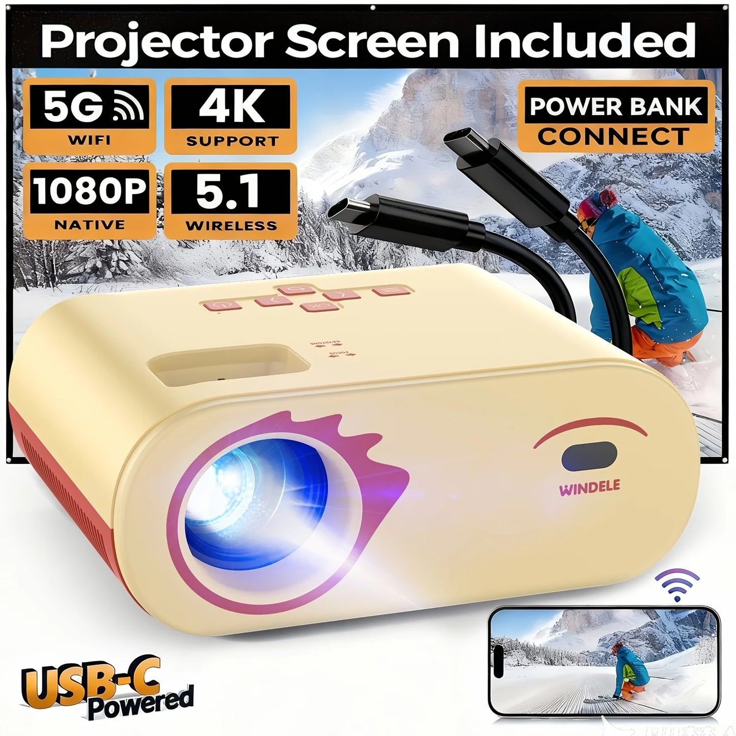 1080P Full HD Portable Projector With Screen and Bluetooth