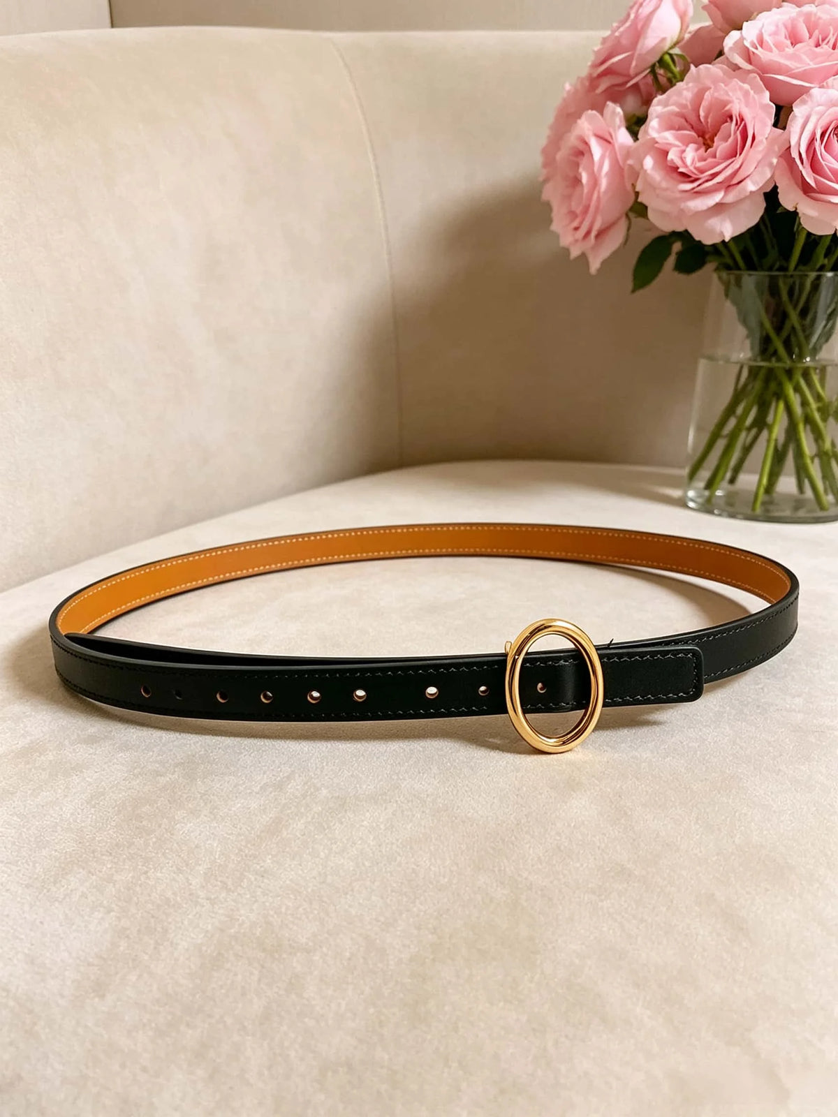 Women's Double-Sided Cowhide Belt With Oval Rhinestone Metal Clasp