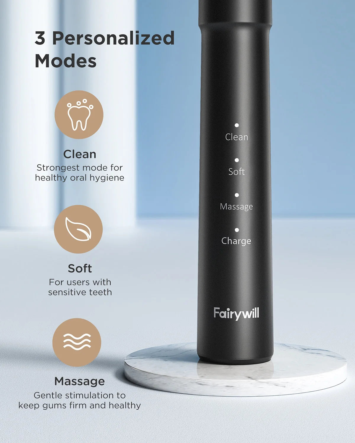 Fairywill Sonic Electric Toothbrush E11 Waterproof USB Charge Rechargeable Electric Toothbrush 8 Brush Replacement Heads Adult