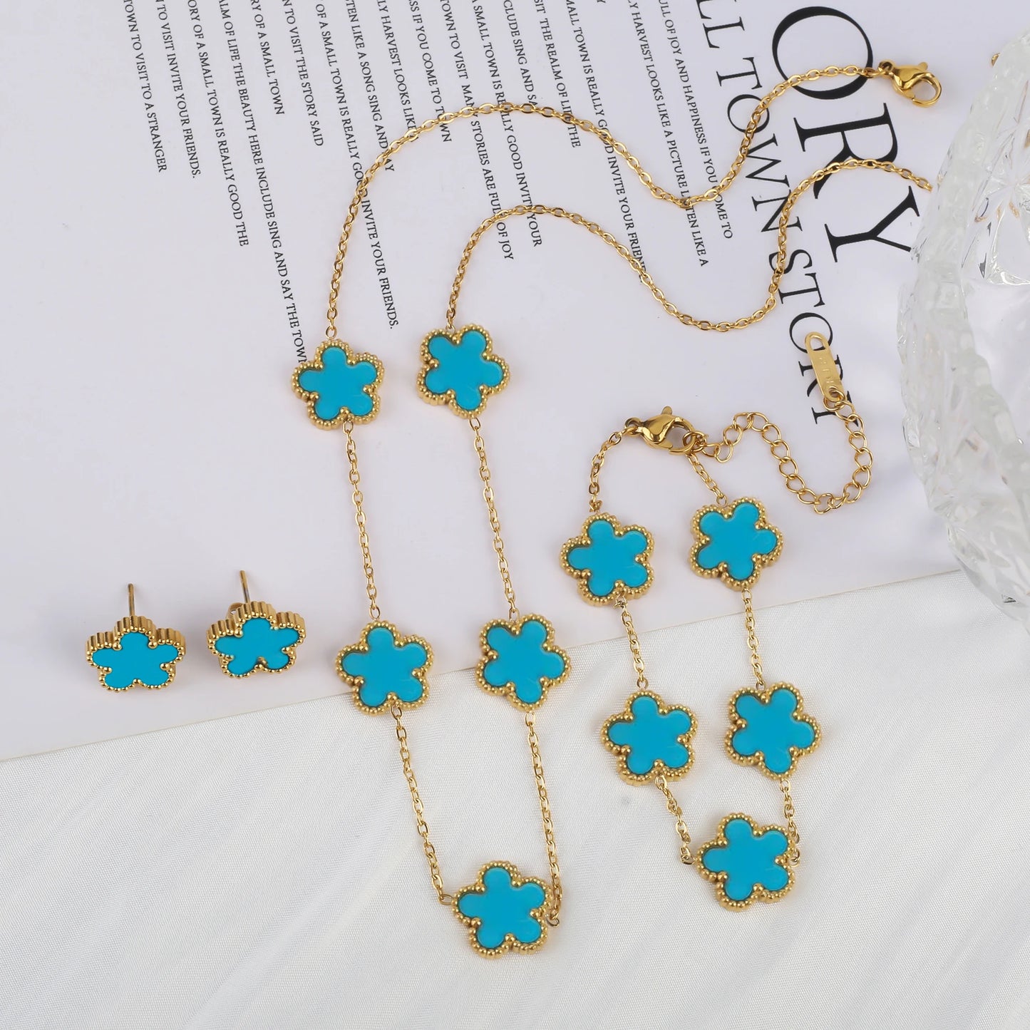 316L Stainless Steel Five Leaf Clover Jewelry Set Gold Plated