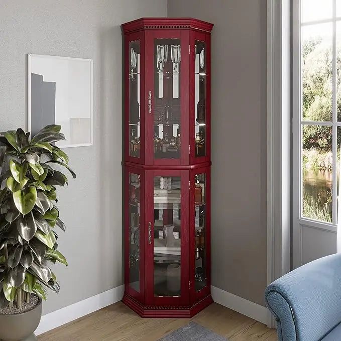 Lighted Three Side Glass Display Corner Curio Cabinet With Tempered Doors