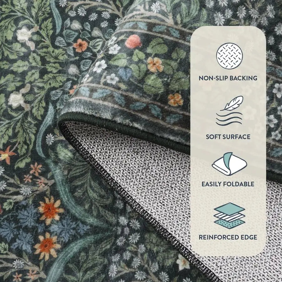 Floral Washable Boho Rug Non Slip Low Pile Stain Resistant