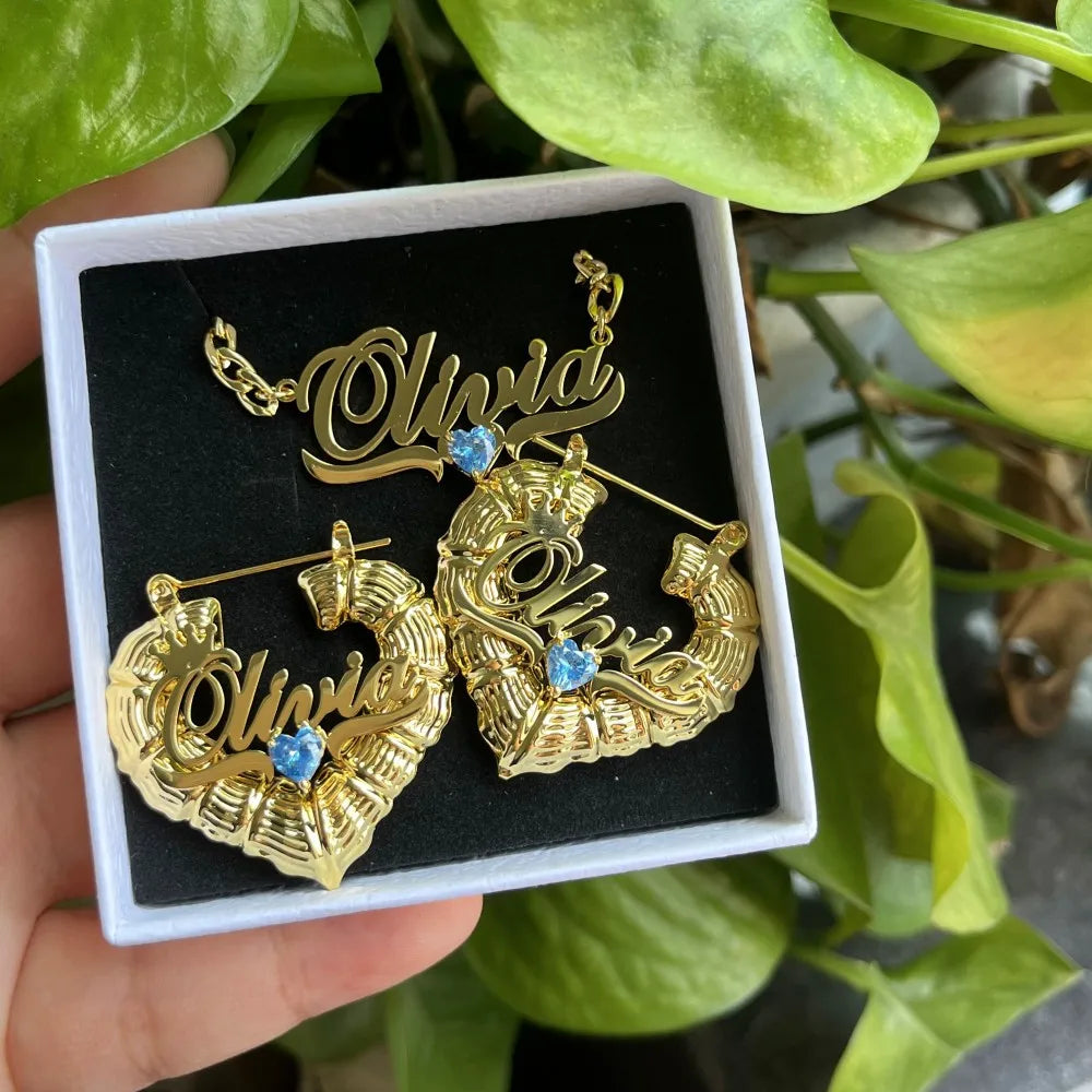 DUOYING Birthstone Jewelry Set Custom Nameplate Pendant Necklace Hoop Earrings