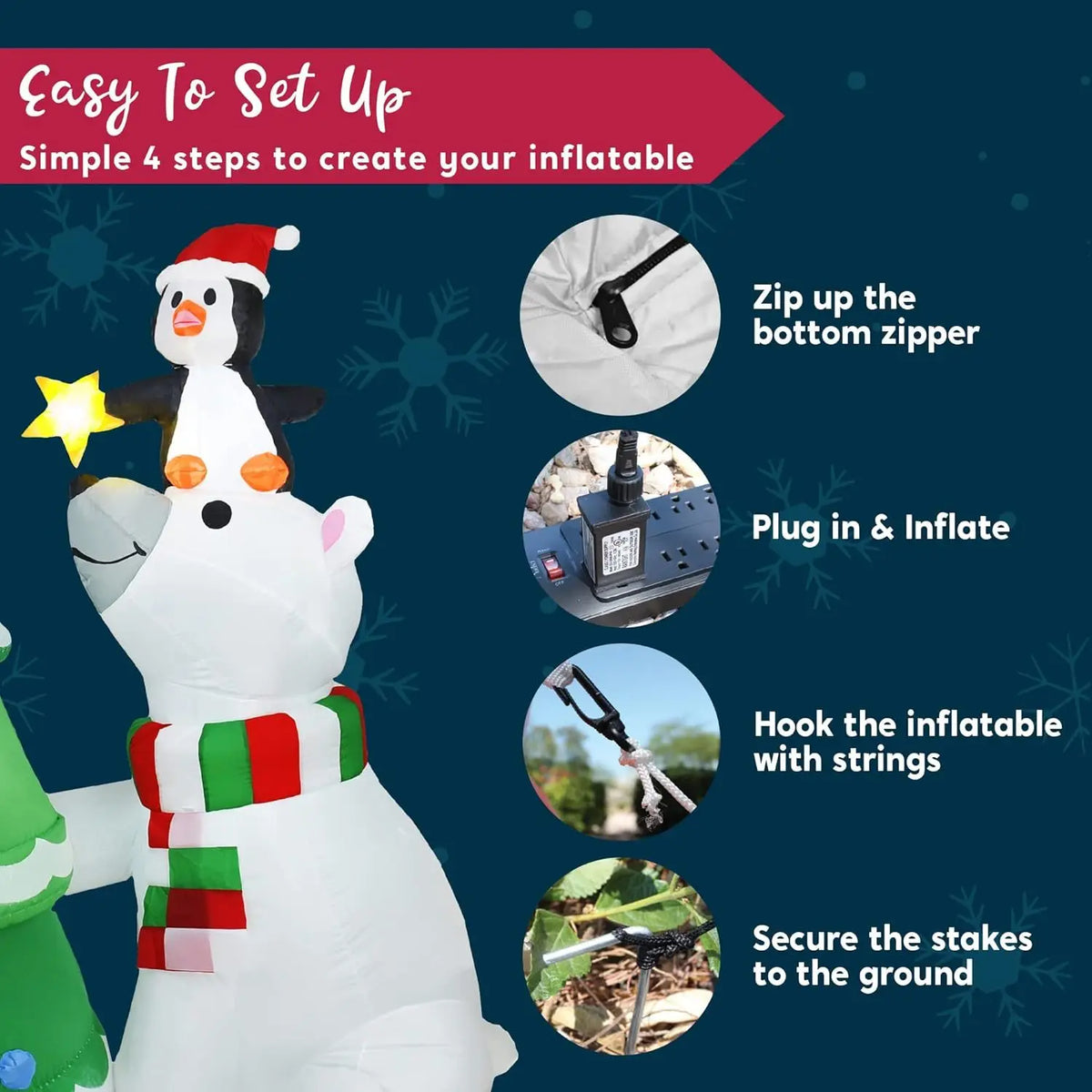 Joyfy Christmas Inflatable Polar Bear With Penguin Tree LED Decoration