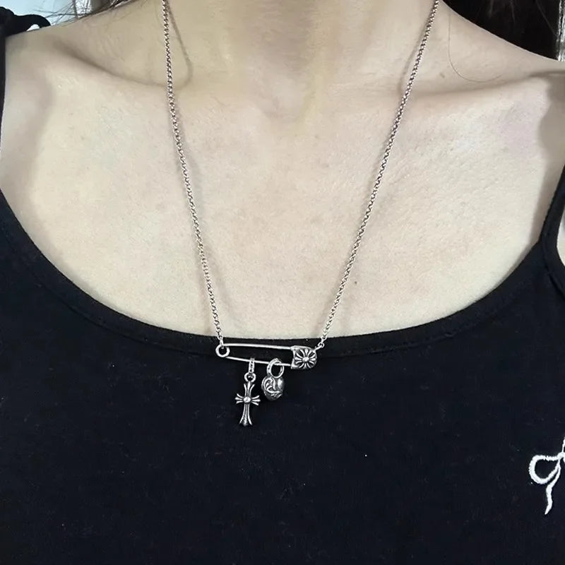 S925 Sterling Silver Peach Heart Cross Pin Necklace Pendant