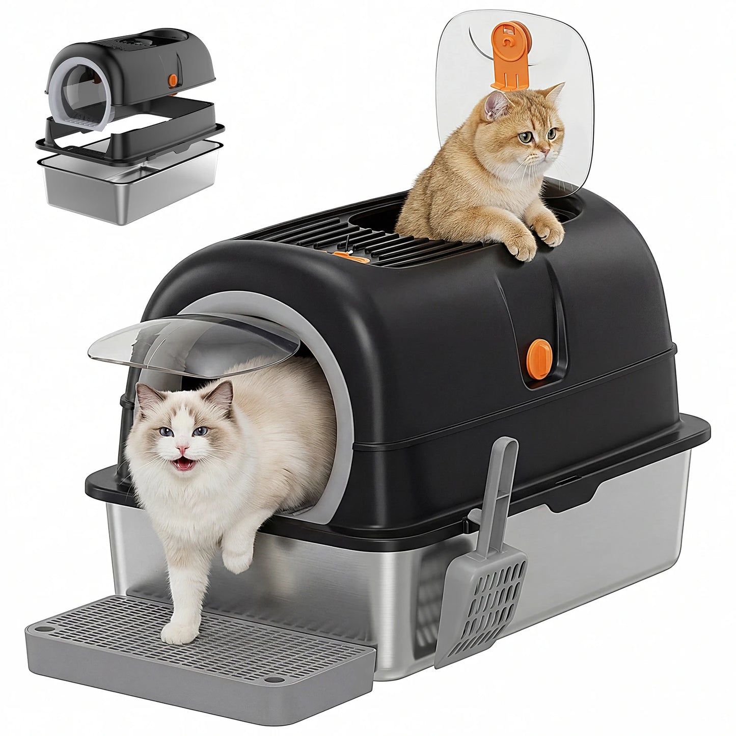 Stainless Steel Fully Enclosed Cat Litter Box With Scoop And Mat