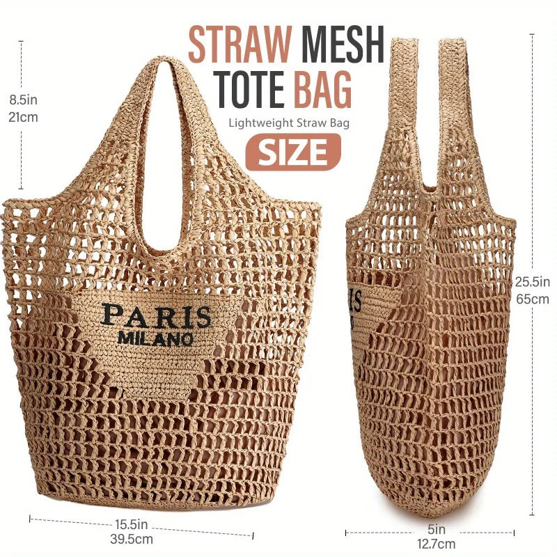 Woven Straw Beach Tote Bag Foldable Shoulder Handbag For Women