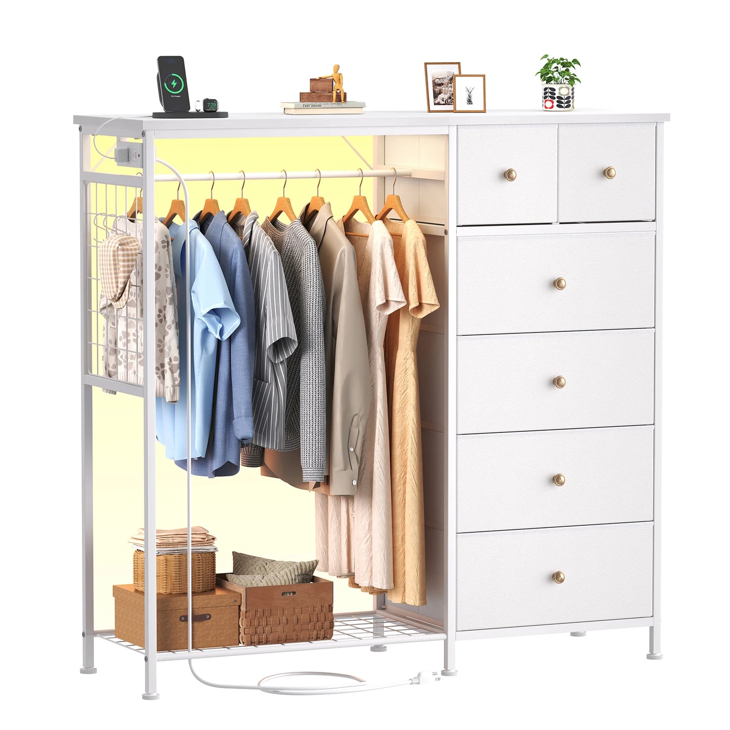 JHK 6 Drawer Fabric Dresser With Charging Station LED Lights