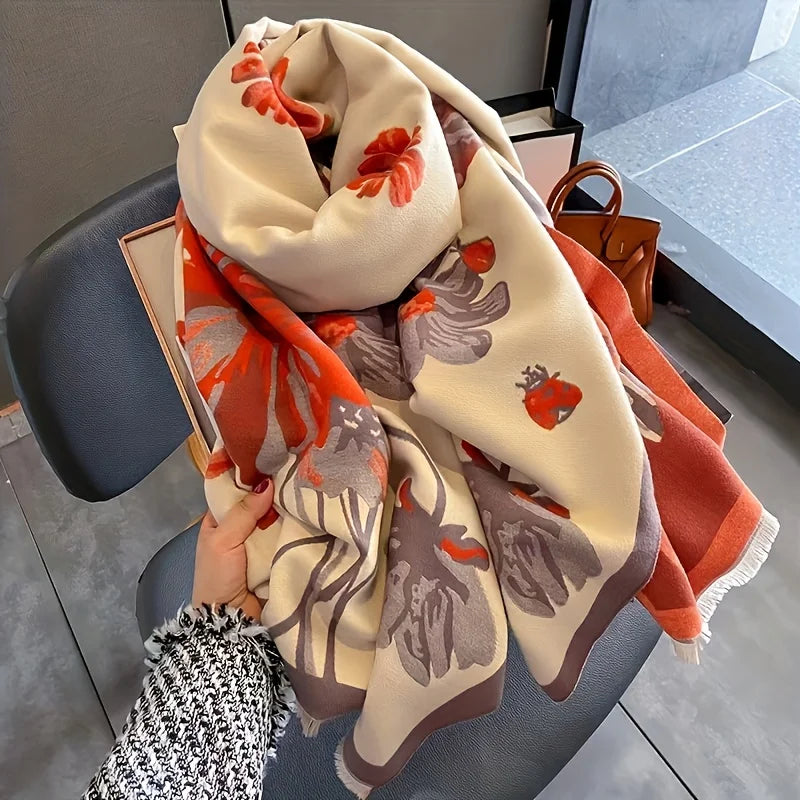 Unisex Elegant Floral Print Polyester Winter Scarf Shawl