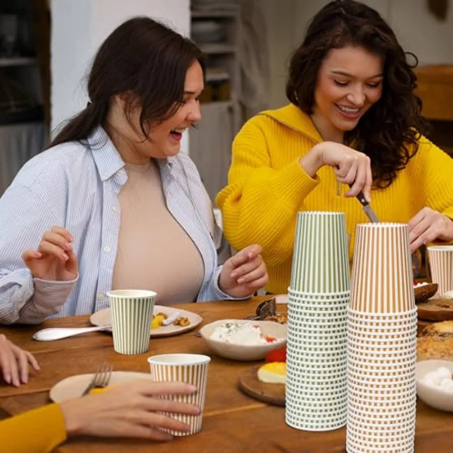 Sage Green Orange Striped Paper Cups Pastel Fall Themed Party Cup for Forest Friends Autumn Birthday Tableware Ideal for Fall W