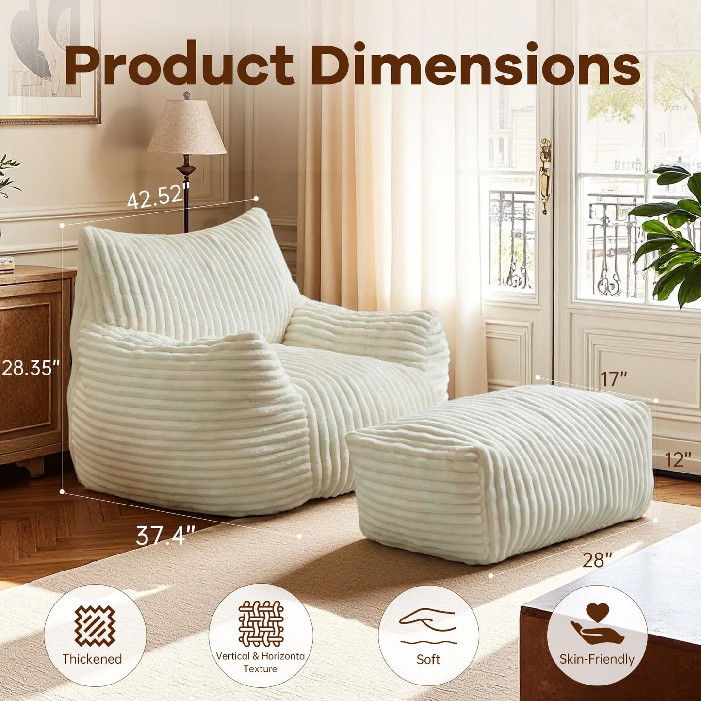 Bean Bag Chaise Lounge Chair With Ottoman For Living Room