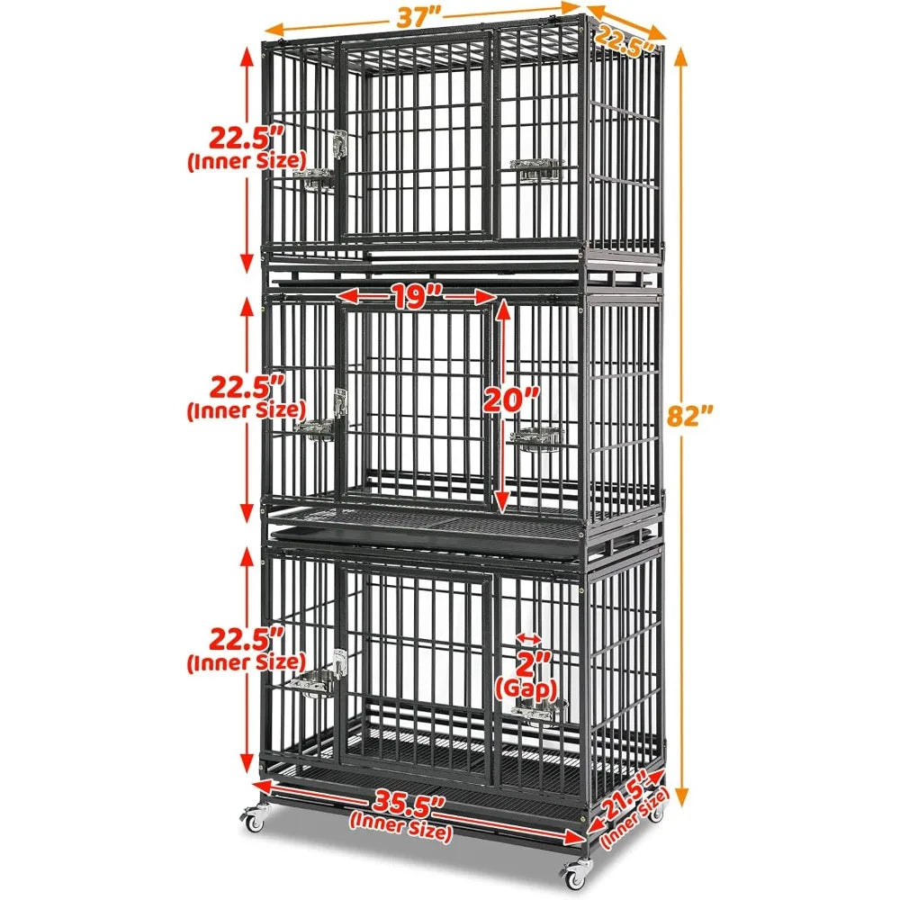 Three Tiers 37 Inch Dog Crate, Escape Proof Dog Cage Kennel Indoor with Top Access and Lockable Wheels, Removable Tray, Heavy D