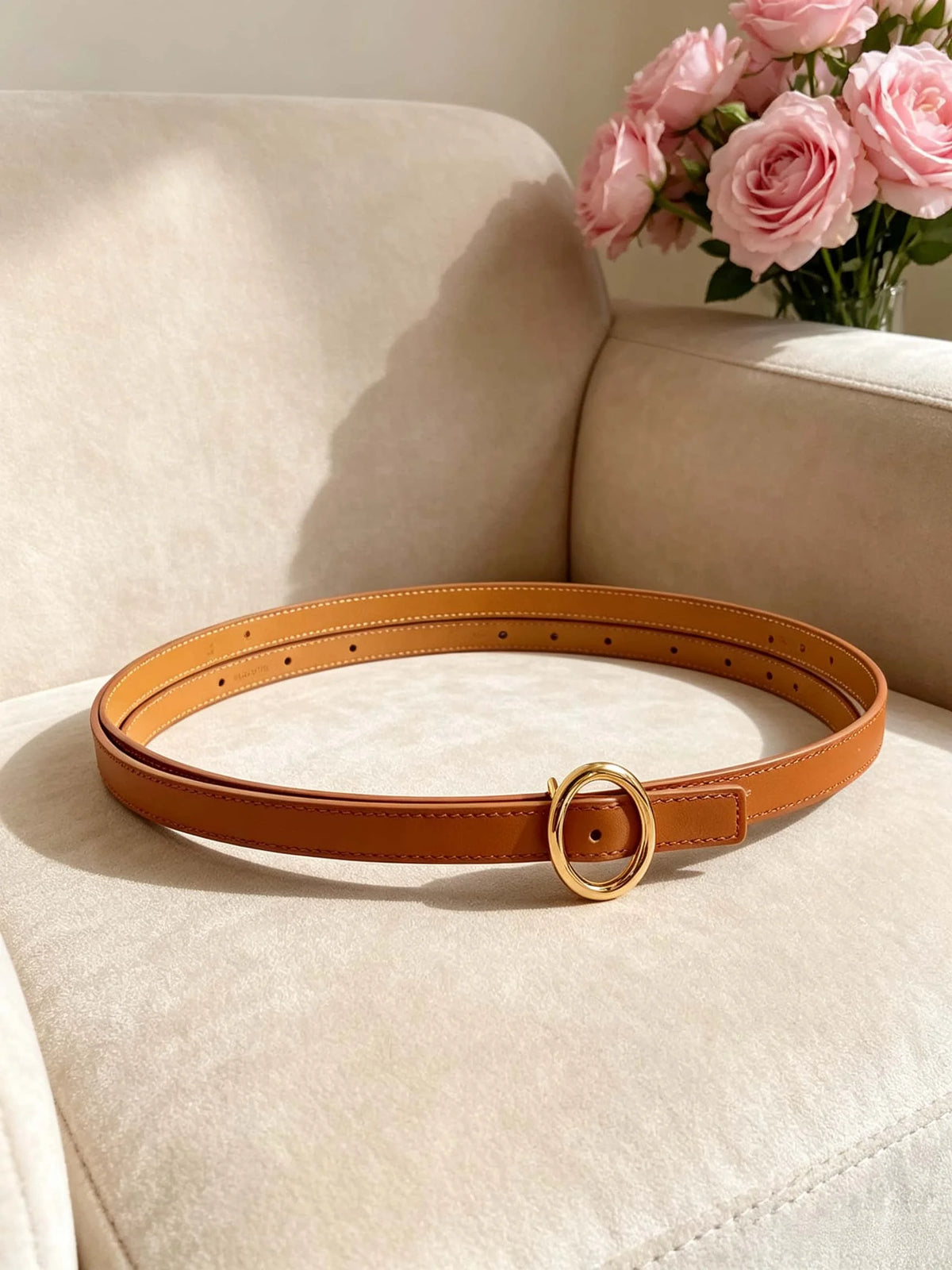 Women's Double-Sided Cowhide Belt With Oval Rhinestone Metal Clasp