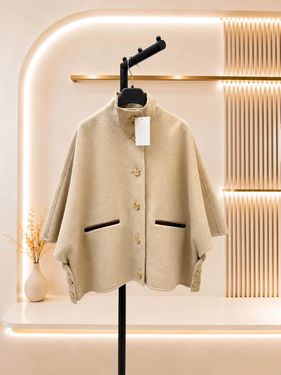 Women Cashmere Short Cape Jacket With Leather Trim and Pockets