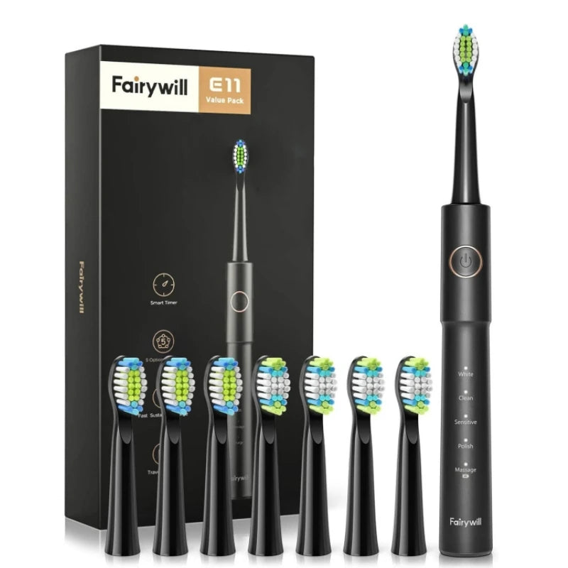 Fairywill Sonic Electric Toothbrush E11 Waterproof USB Charge Rechargeable Electric Toothbrush 8 Brush Replacement Heads Adult
