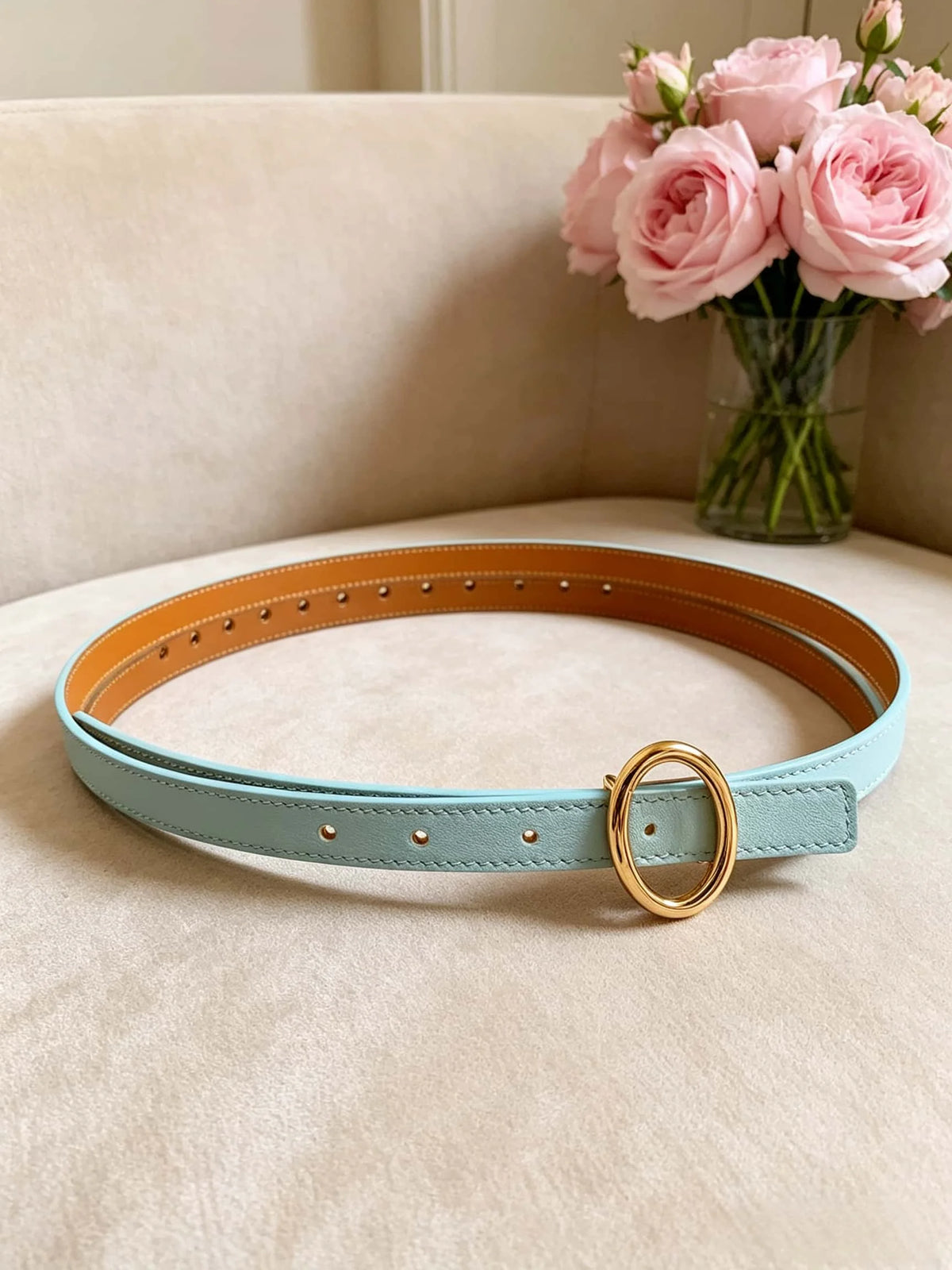 Women's Double-Sided Cowhide Belt With Oval Rhinestone Metal Clasp