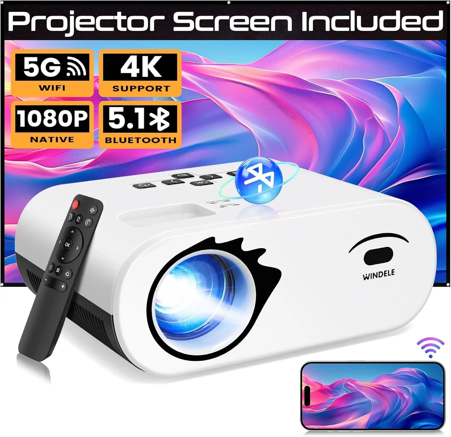 1080P Full HD Portable Projector With Screen and Bluetooth