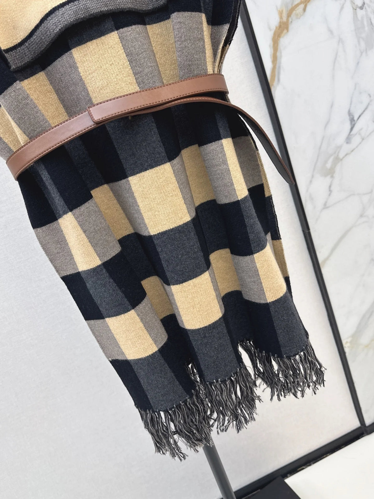 Women's Hooded Plaid Cape Coat With Belt And Fringe Trim