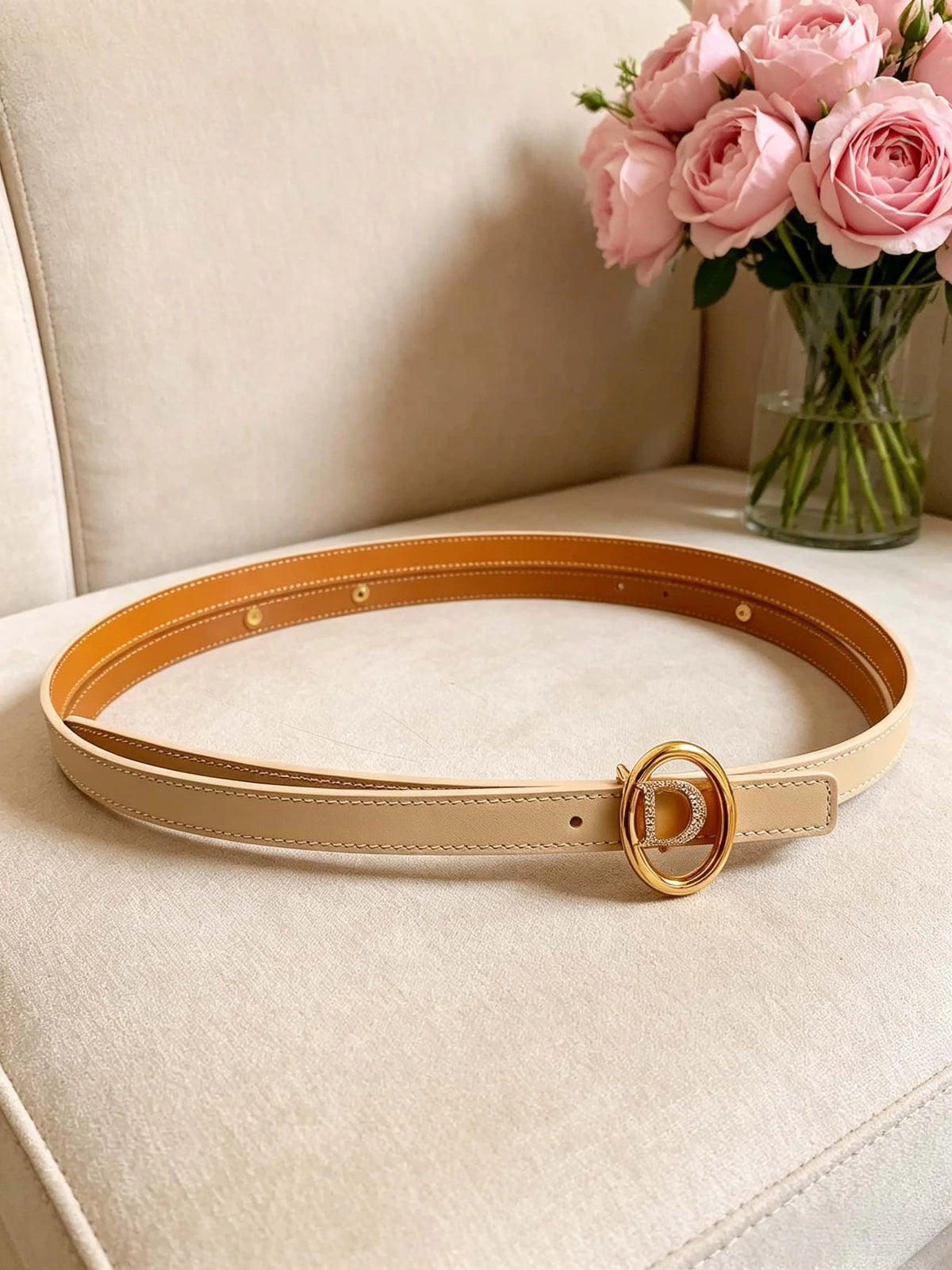 Women's Double-Sided Cowhide Belt With Oval Rhinestone Metal Clasp