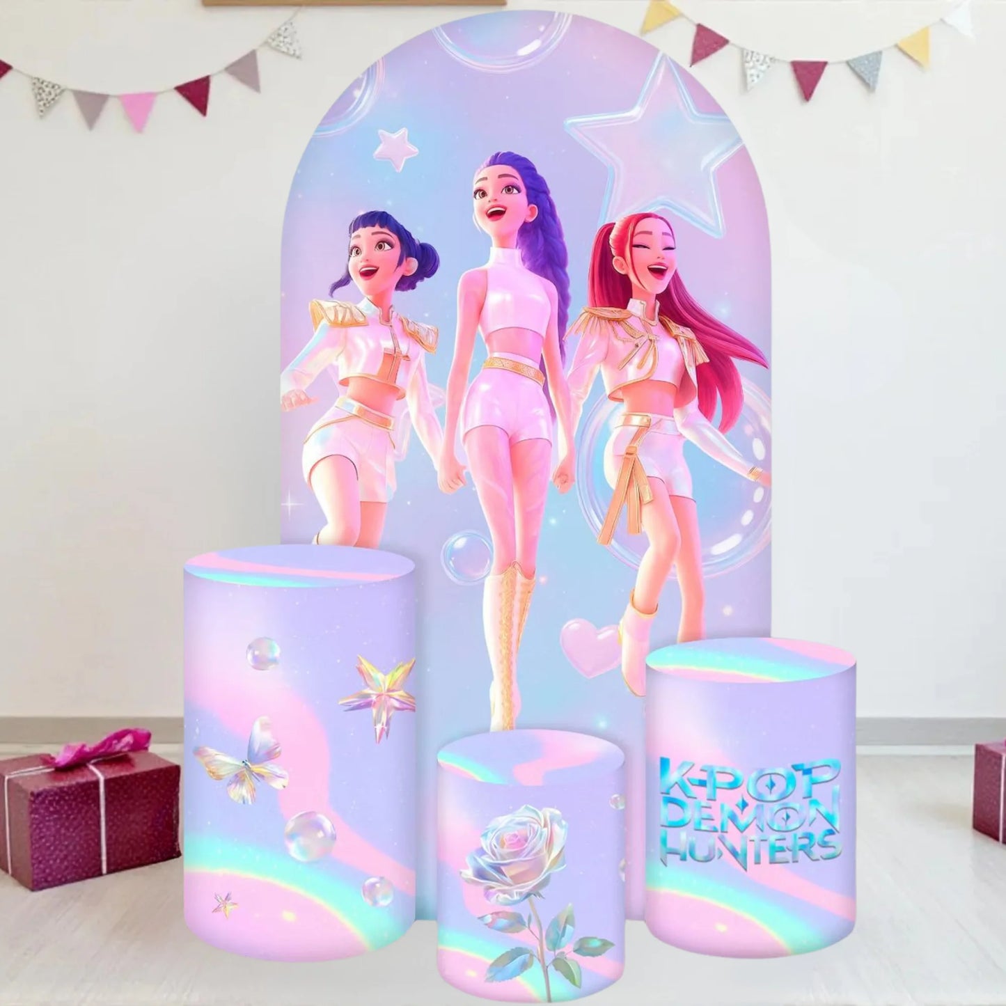 Kpop Demon Hunter Kpop Arch Backdrop Set 4 Pieces  Cylinder Covers for Birthday Party