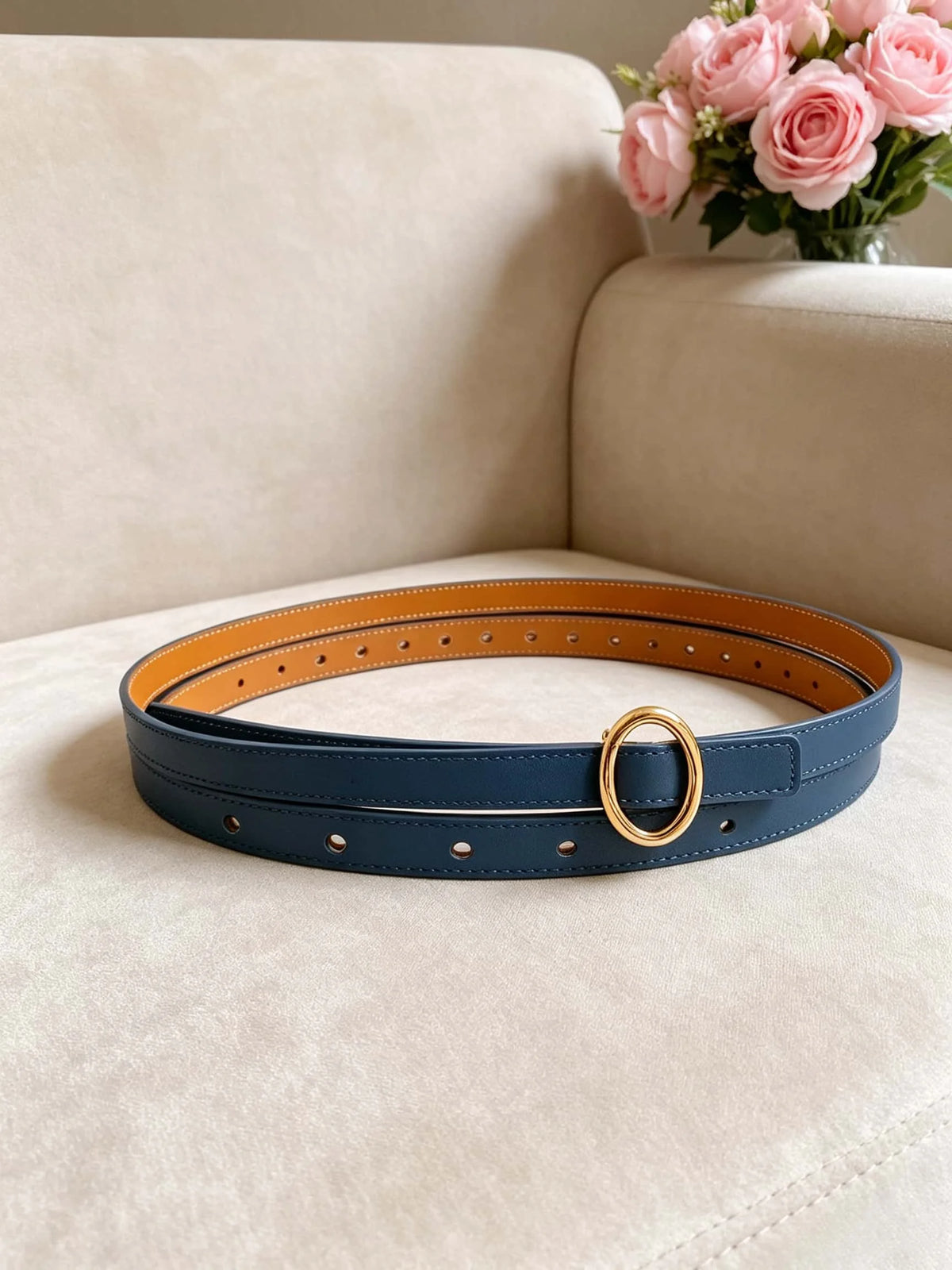 Women's Double-Sided Cowhide Belt With Oval Rhinestone Metal Clasp