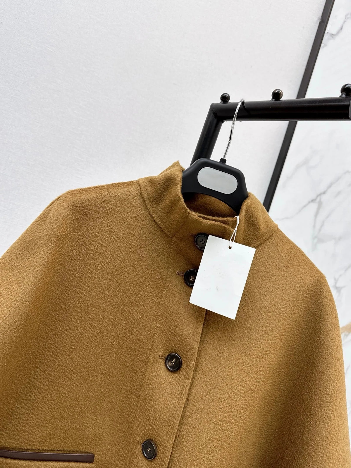 Women Cashmere Short Cape Jacket With Leather Trim and Pockets