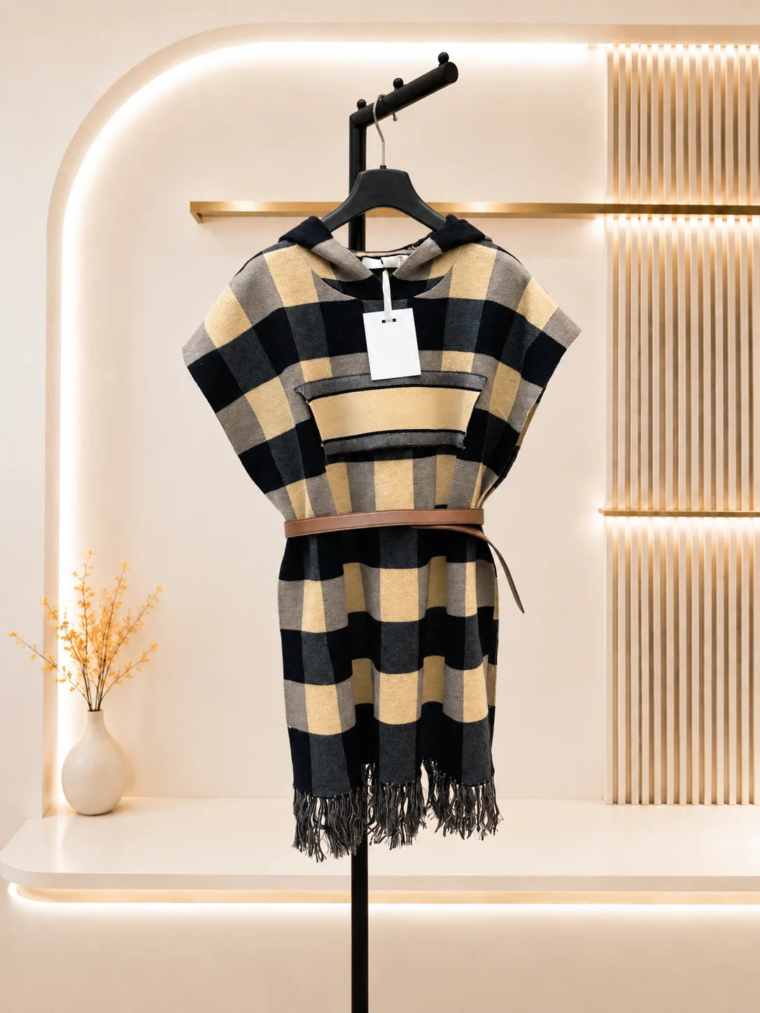 Women's Hooded Plaid Cape Coat With Belt And Fringe Trim
