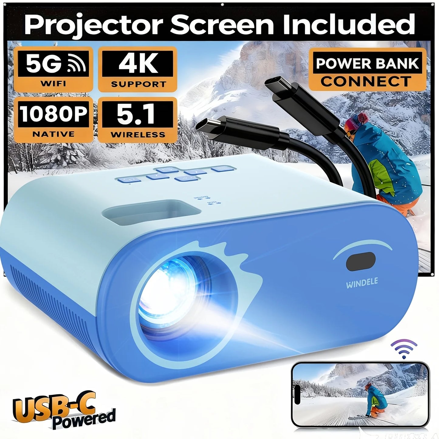 1080P Full HD Portable Projector With Screen and Bluetooth