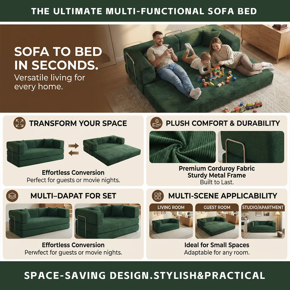 YQzyphyna Corduroy Futon Sofa Bed 4 In 1 Convertible Loveseat