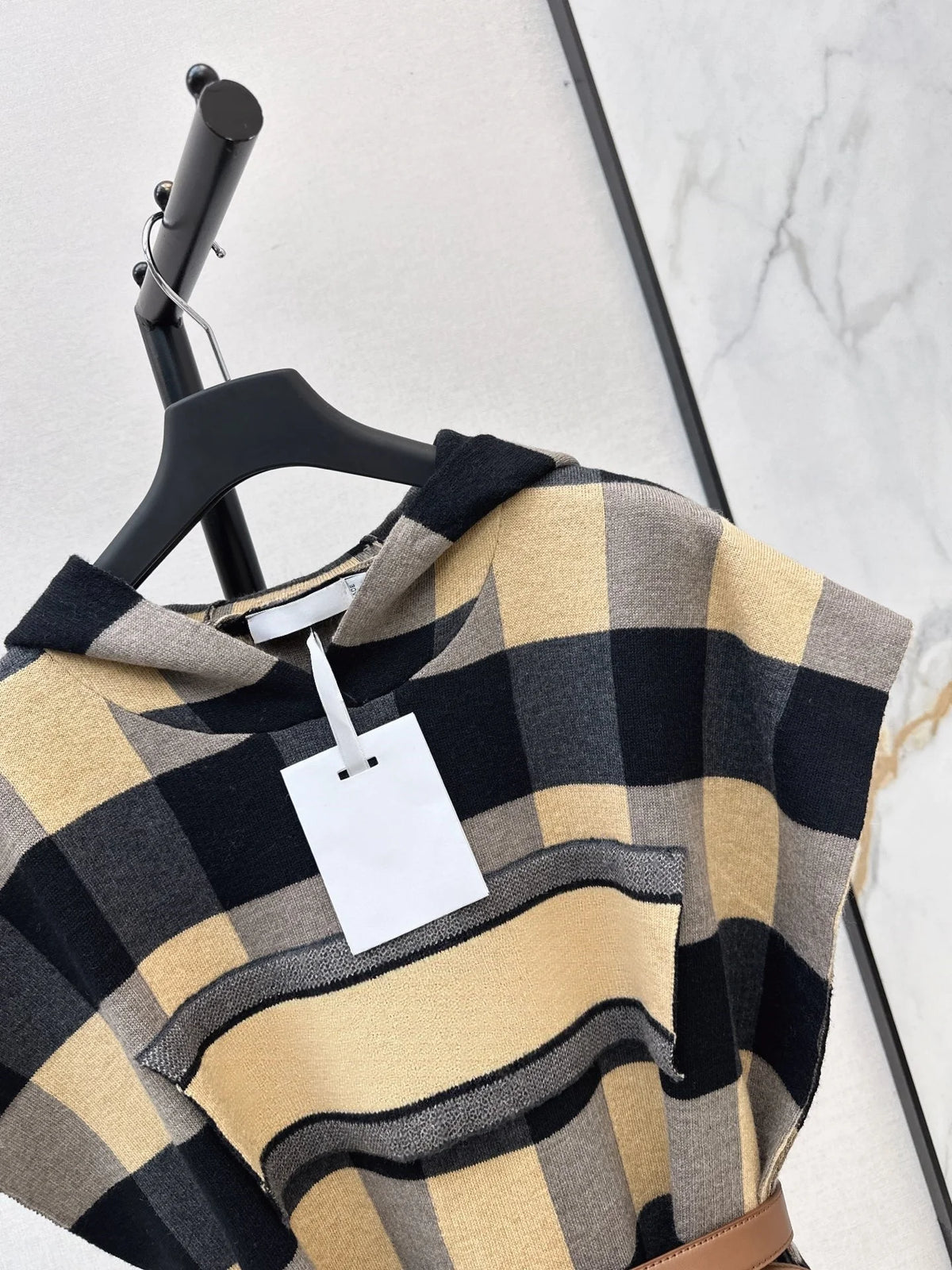 Women's Hooded Plaid Cape Coat With Belt And Fringe Trim
