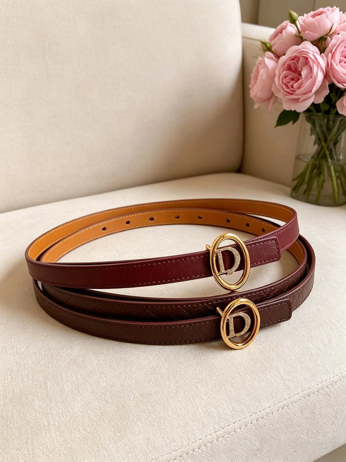 Women's Double-Sided Cowhide Belt With Oval Rhinestone Metal Clasp
