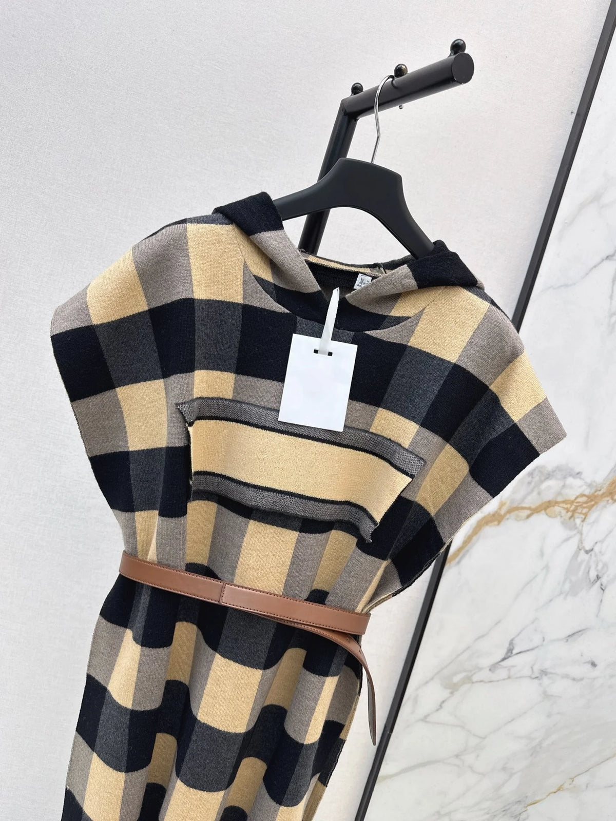Women's Hooded Plaid Cape Coat With Belt And Fringe Trim