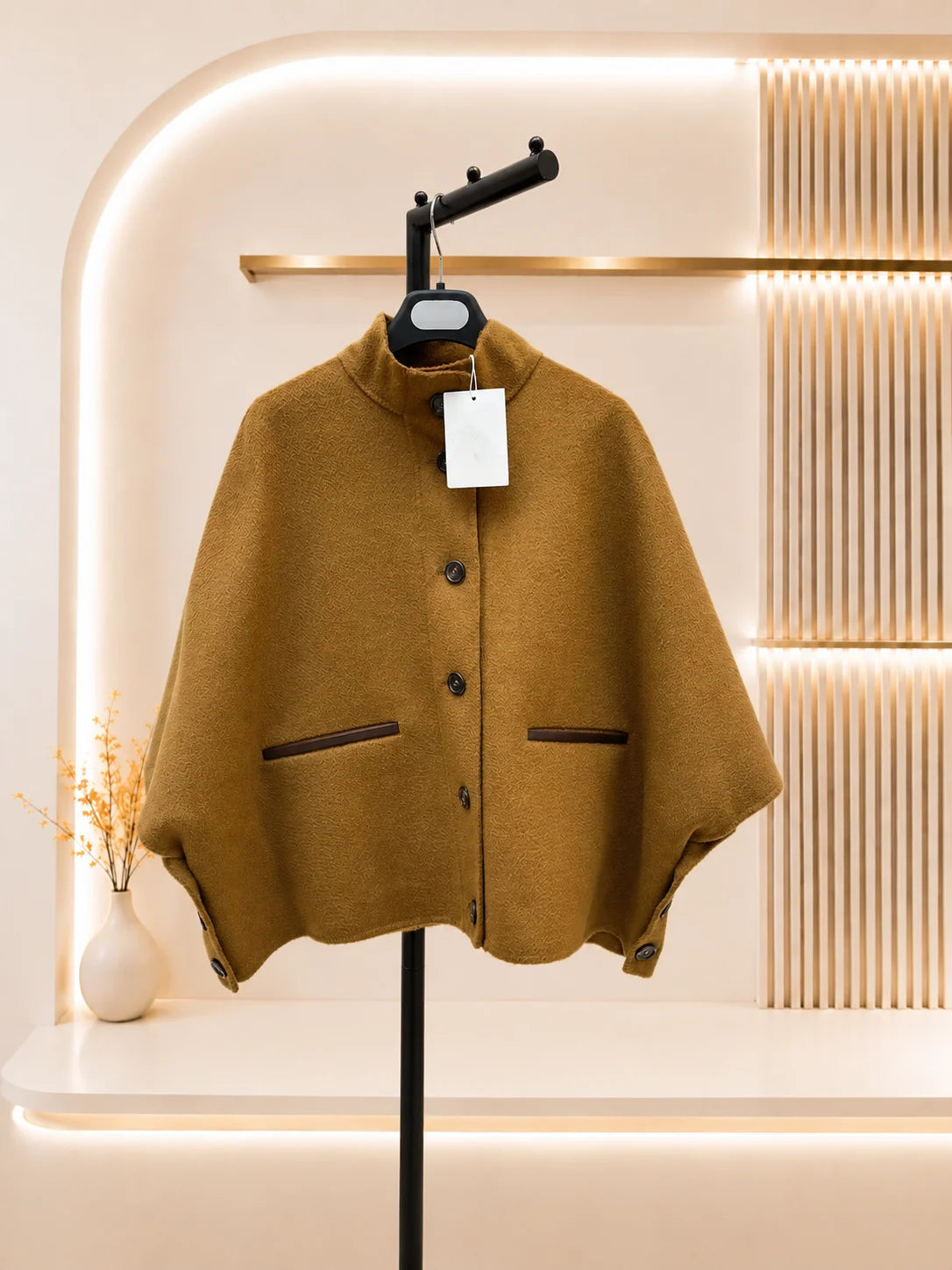 Women Cashmere Short Cape Jacket With Leather Trim and Pockets