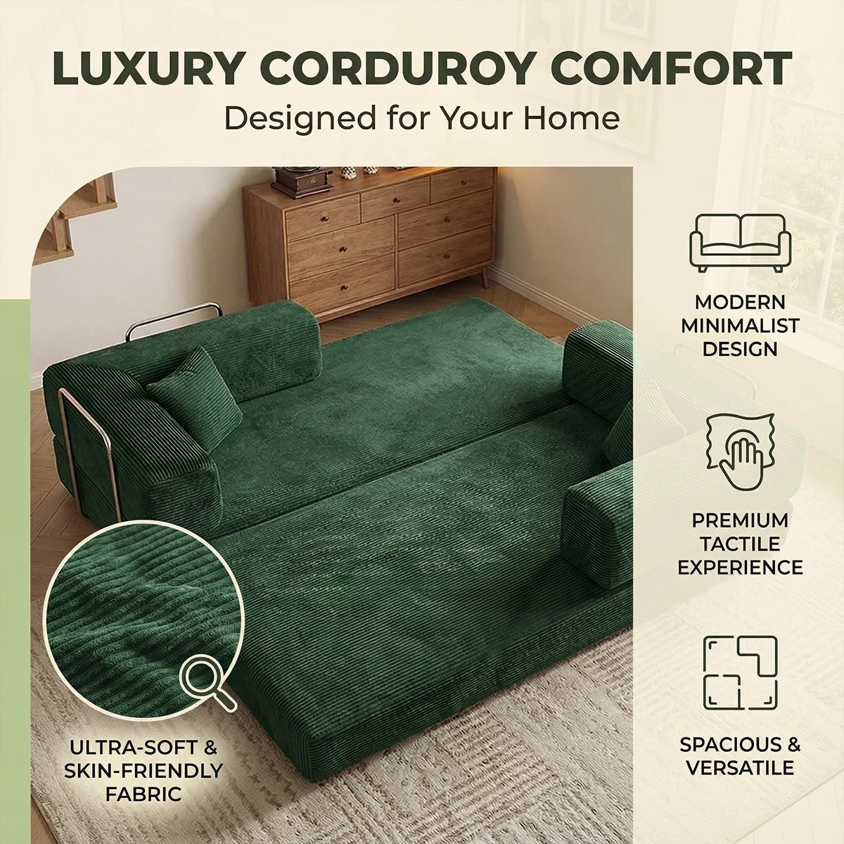 YQzyphyna Corduroy Futon Sofa Bed 4 In 1 Convertible Loveseat