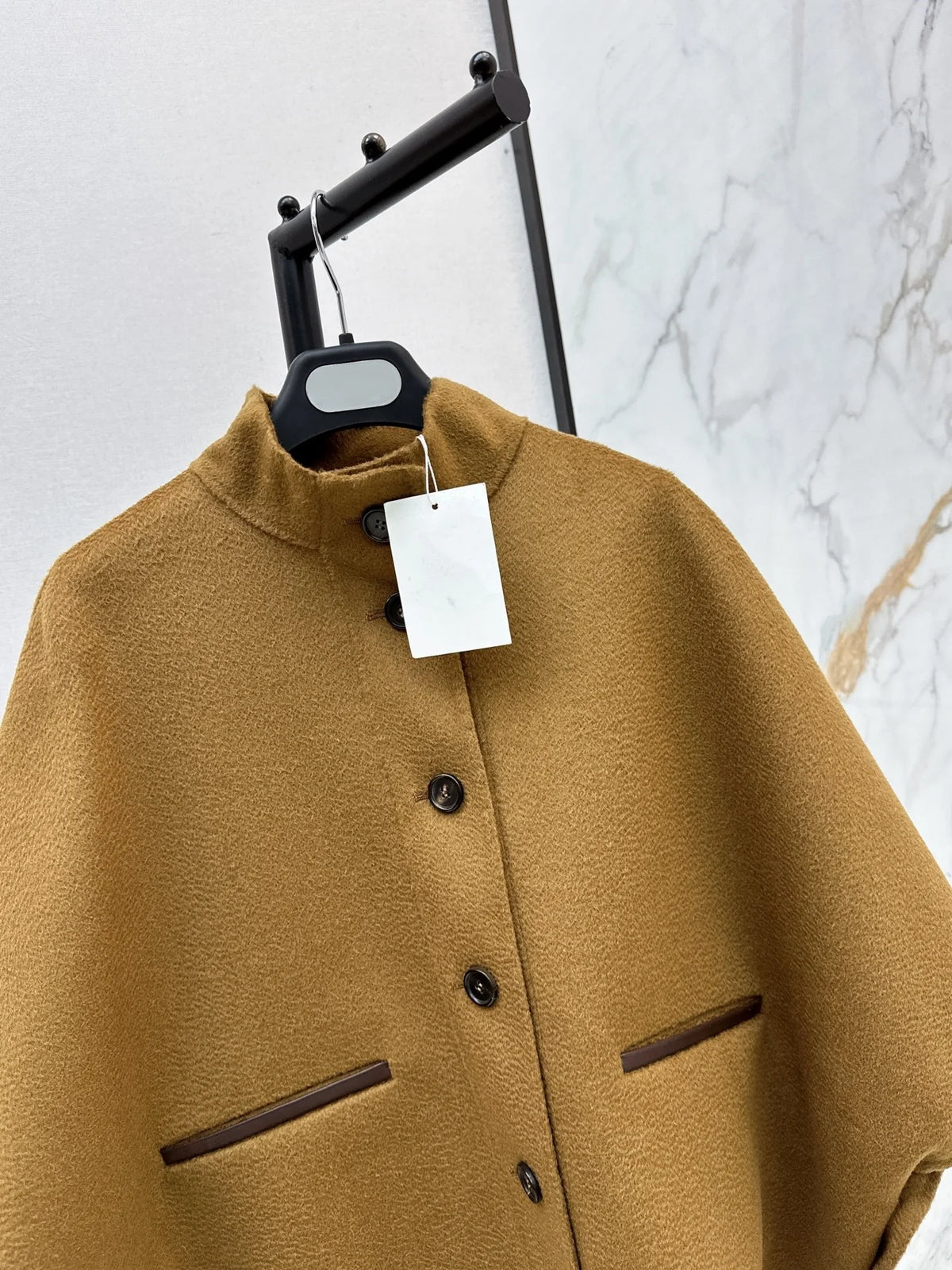 Women Cashmere Short Cape Jacket With Leather Trim and Pockets