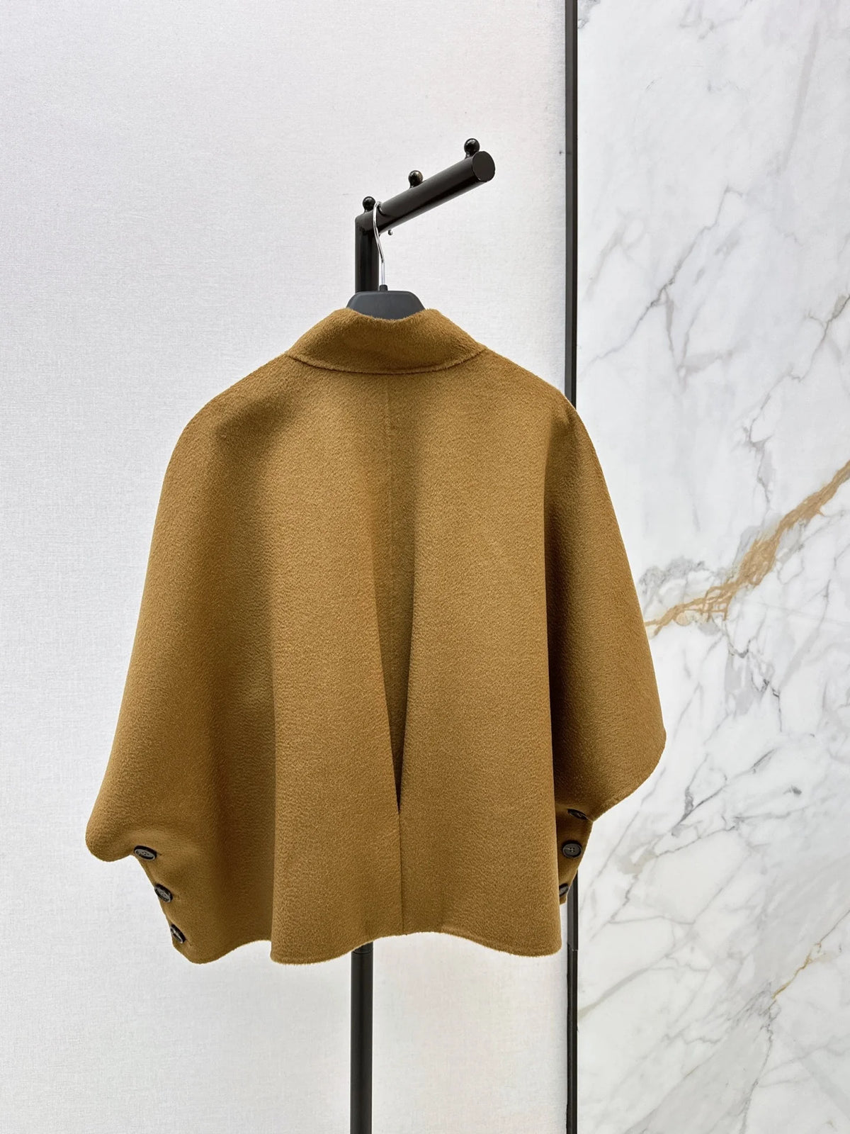 Women Cashmere Short Cape Jacket With Leather Trim and Pockets