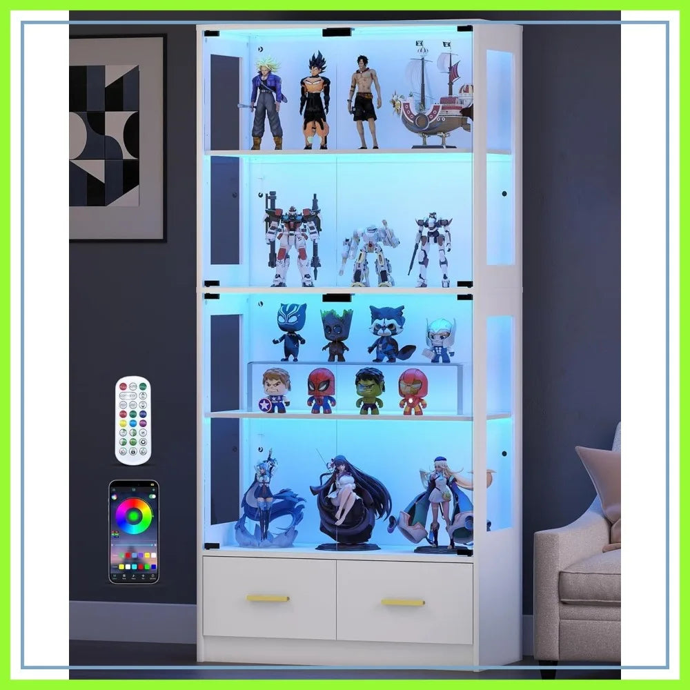 Curio Cabinet With Glass Doors And RGB LED Lights And 2 Drawers