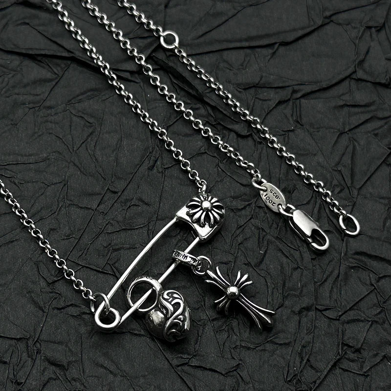 S925 Sterling Silver Peach Heart Cross Pin Necklace Pendant