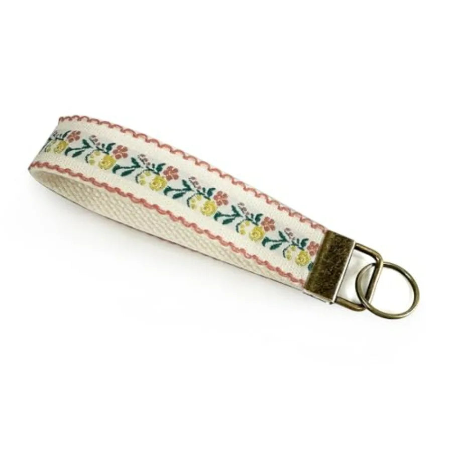 Embroidered Fabric Wristlet Keychain For Women With Metal Hardware