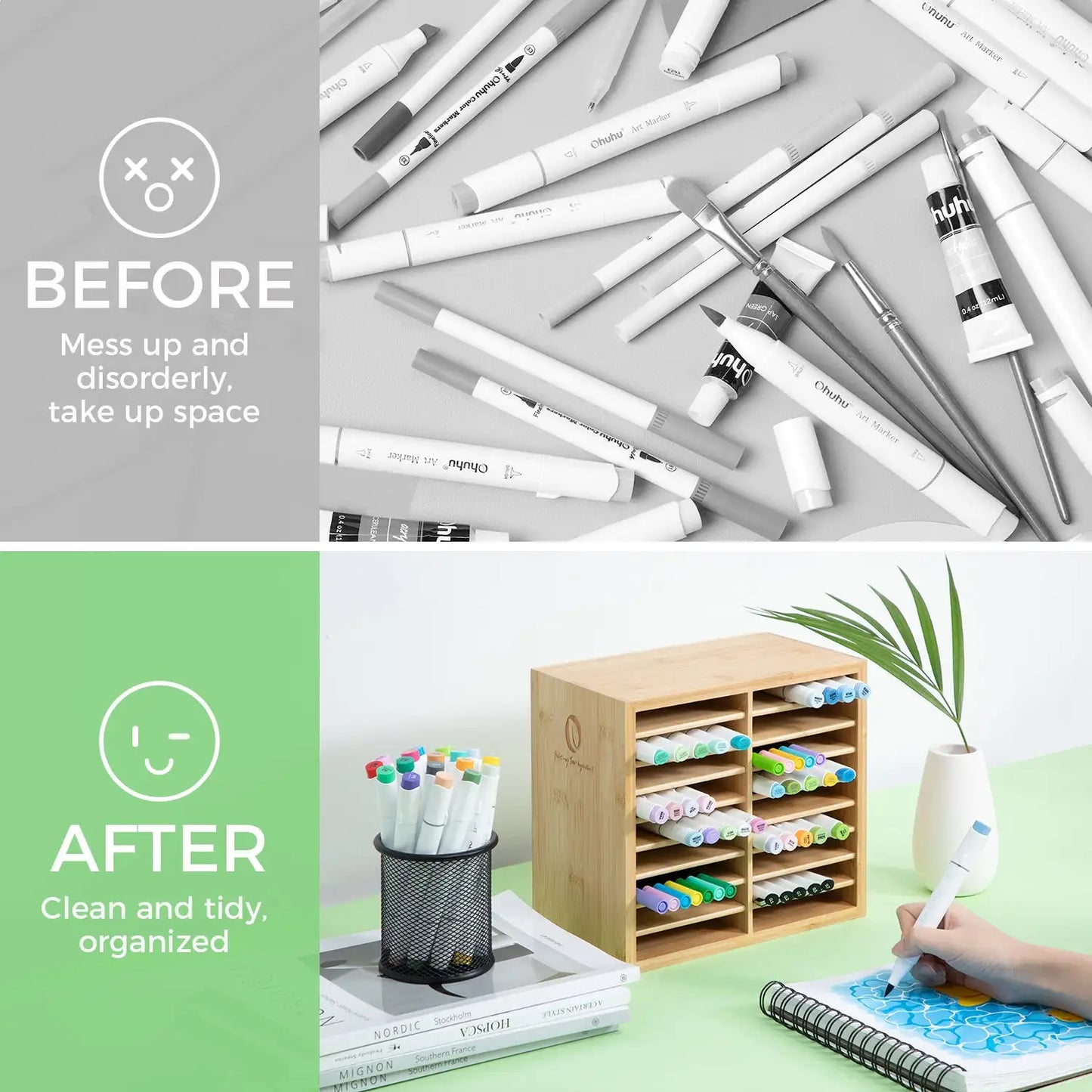 Ohuhu Bamboo Marker Organizer Wood Desk Storage for 126 Markers