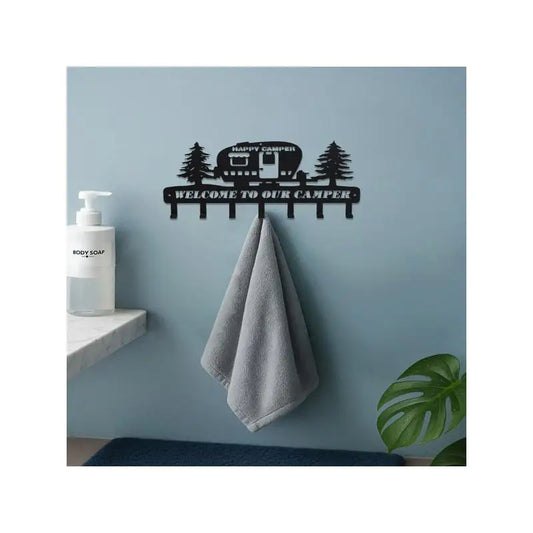 Rustic Metal Camper Key Holder with 7 Durable Hooks and Pine Tree Design, Perfect for Camper Lovers' Wall Decor and Wall Art