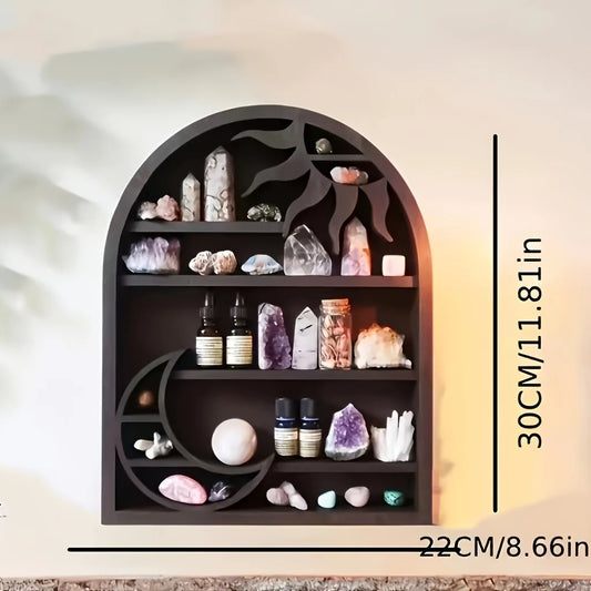 Wooden Floating Shelves Sun Moon Design Wall Mount Crystals Organizer