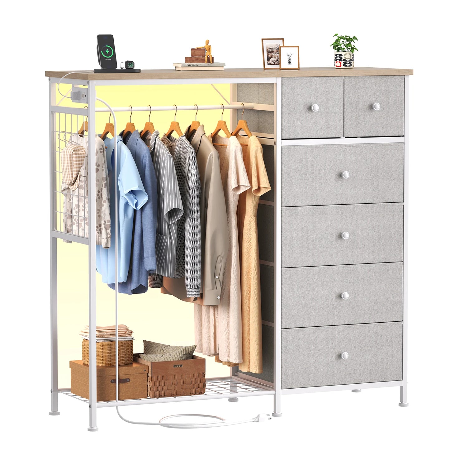 JHK 6 Drawer Fabric Dresser With Charging Station LED Lights