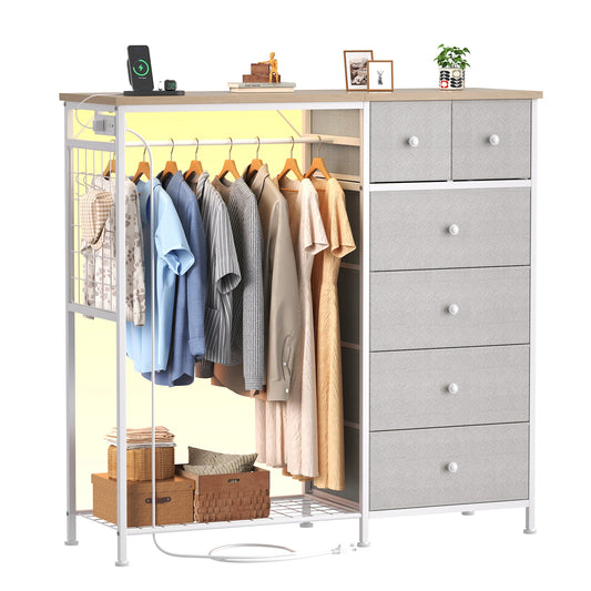 JHK 6 Drawer Fabric Dresser With Charging Station LED Lights