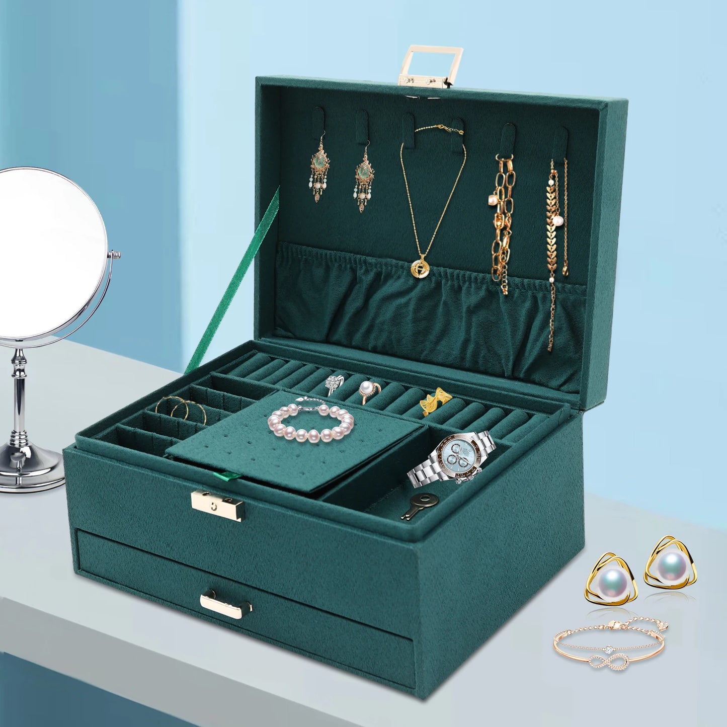 NONECN 3 Tier Jewelry Box With Safe Lock For Rings
