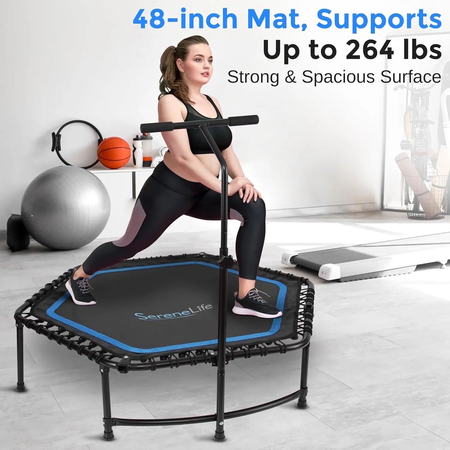 SereneLife 40"/50" Mini Trampoline for Adults - 450/550LBS Fitness Trampoline with Reinforced Springs & Adjustable Safety Handle