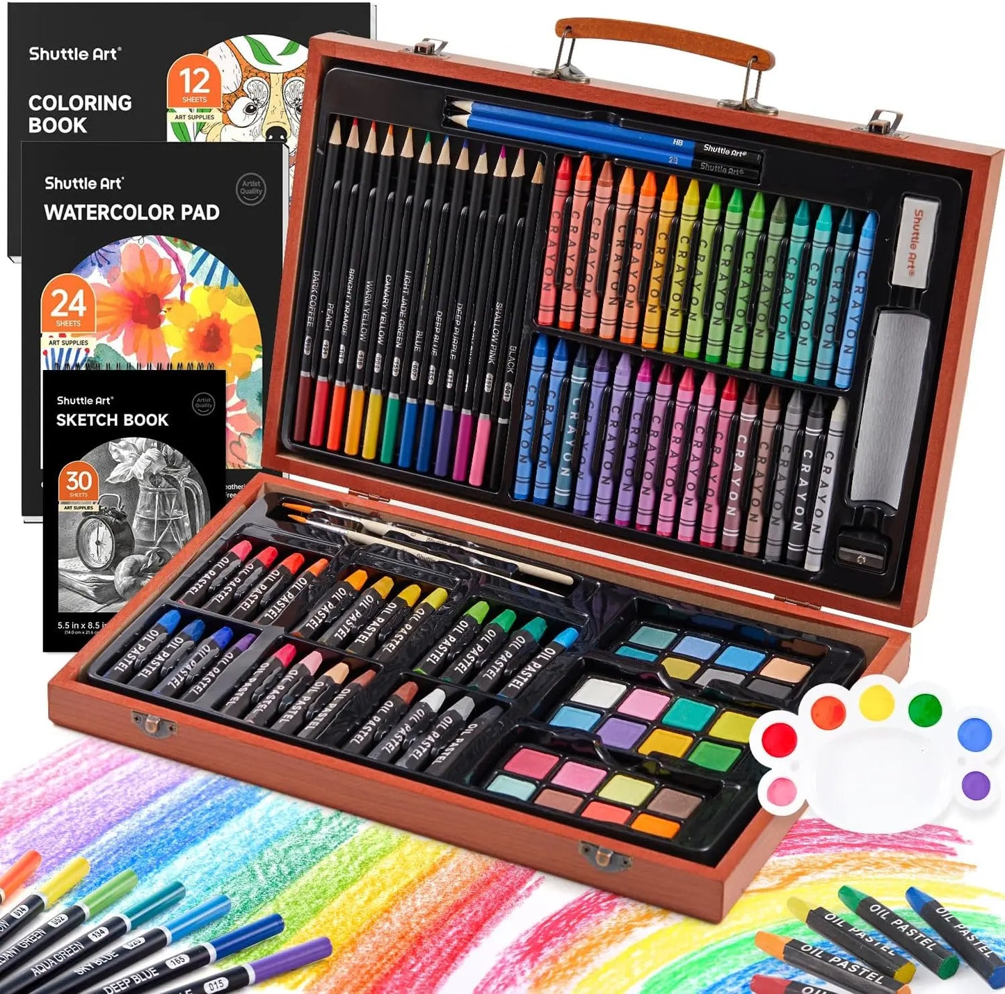 Deluxe Art Set In Wooden Case With Crayons Pencils Pastels