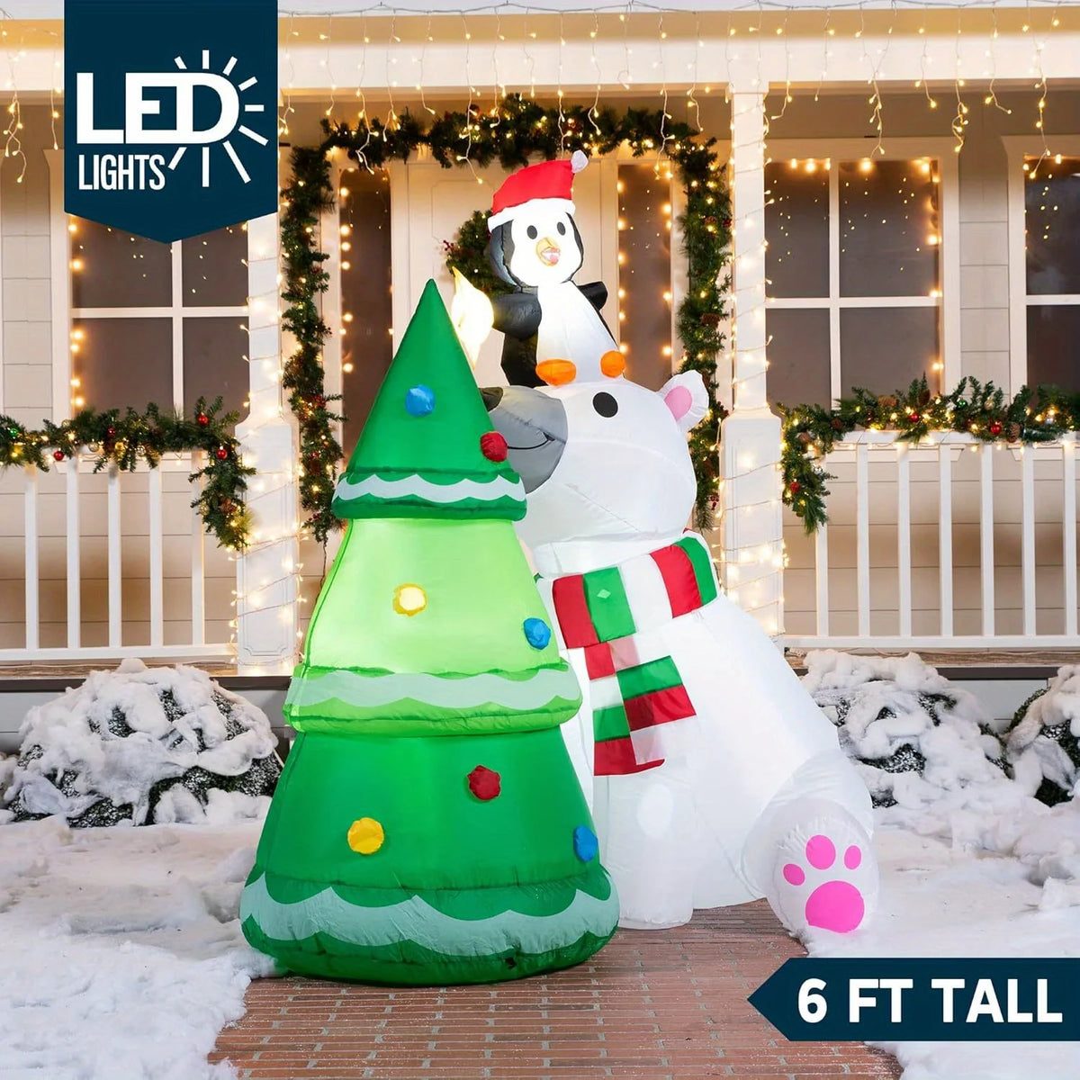 Joyfy Christmas Inflatable Polar Bear With Penguin Tree LED Decoration