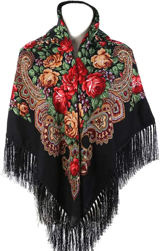 Women's Floral Print Cotton Blend Scarf With Tassel Fringes