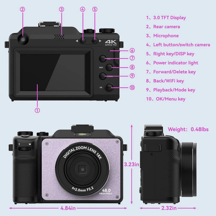 48MP 4K Digital Camera With Dual Cameras And 18x Zoom